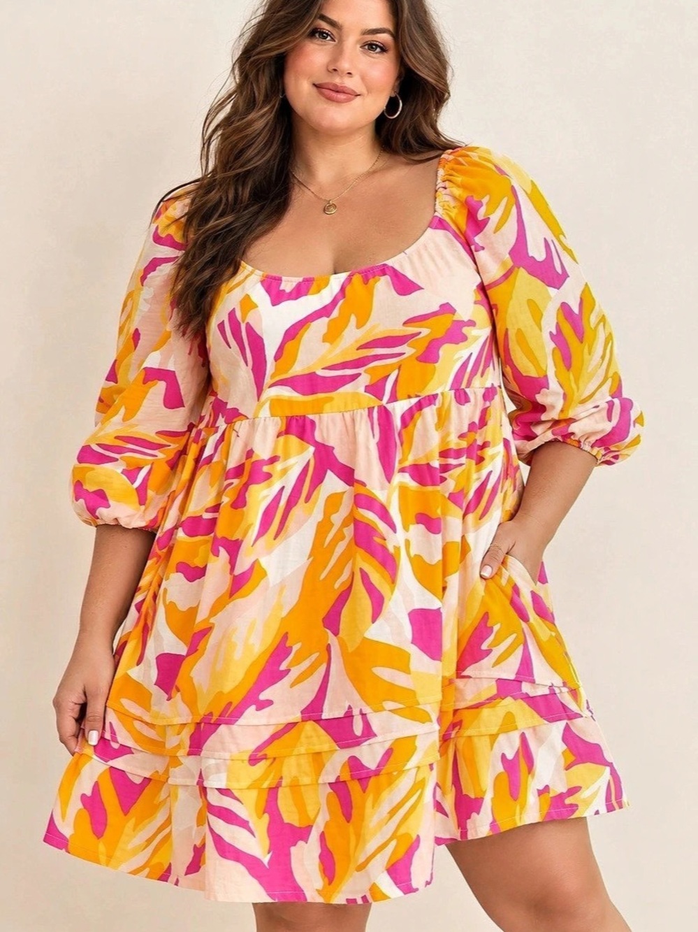 Sanctuary by Anthropologie | Tropical Print Babydoll Mini Dress Pink & Orange